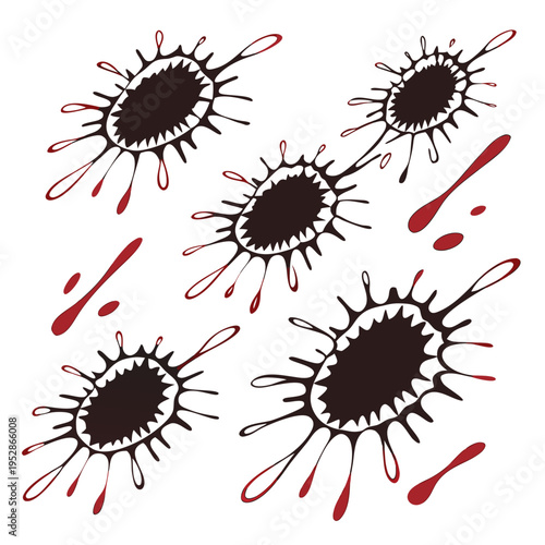 Abstract dark splatter shapes with red drips and splatters isolated on white background dynamic graphic element