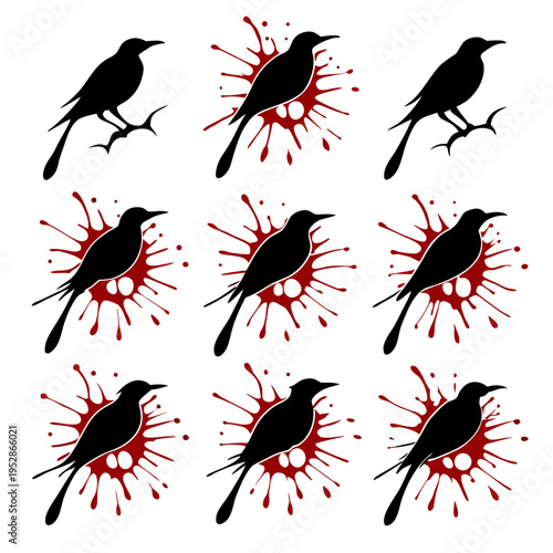 Silhouette of bird perched on branch with blood splatter effect on white background set of nine illustrations