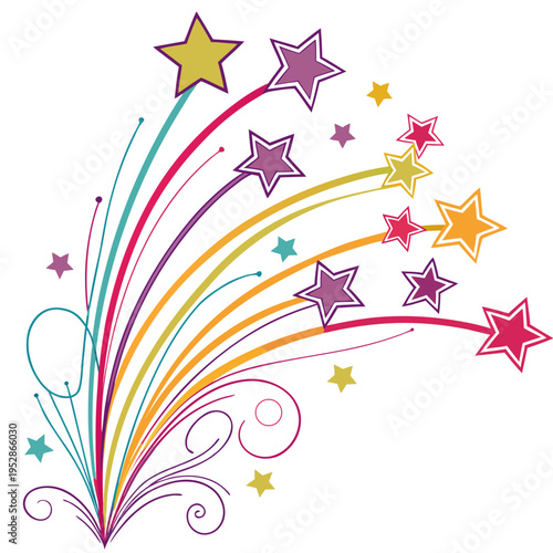Colorful star cluster fireworks with nested stars and curling trails creating a vibrant festive display for celebration graphics and invitations