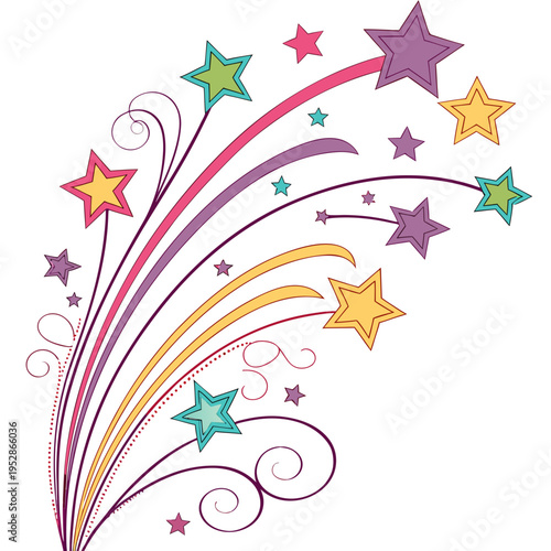 Dynamic starburst vector with colorful stars and dotted lines mixed with solid swirls for energetic celebration and achievement related graphics