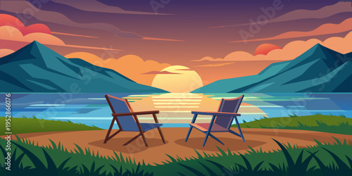 Two empty chairs on grassy shore at sunrise, overlooking calm water and distant mountain silhouettes.