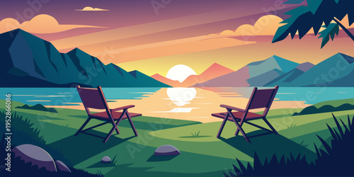 Two empty chairs on grassy shore at sunrise, overlooking calm water and distant mountain silhouettes.
