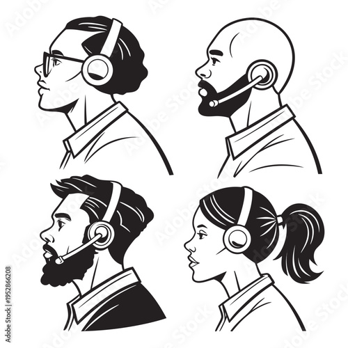 Hand drawn vector illustration of four diverse telemarketing professionals with headsets profiles of customer support team in black and white style