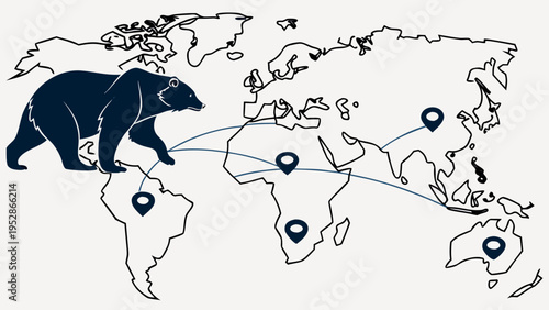 Global travel routes illustrated with a bear on world map connecting continents and showing destinations with pins and lines
