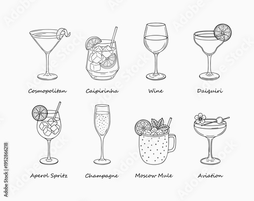Hand drawn cocktail and wine illustration set in line art style. Collection of classic alcoholic drinks in elegant glasses with garnish. Minimal black outline vector for bar menu, poster, logo design.