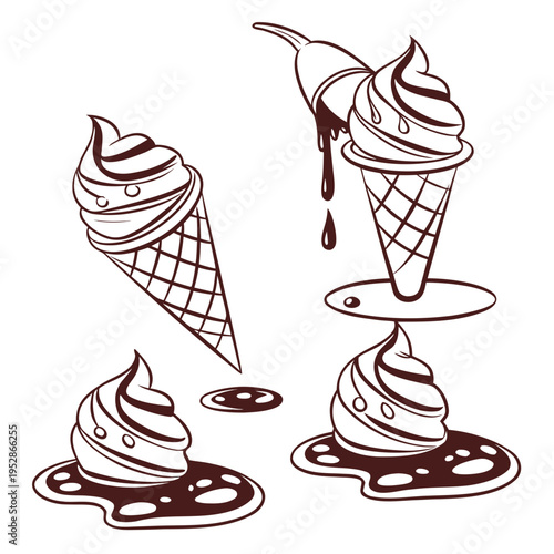 Soft serve ice cream cones and swirls melting into puddles with chocolate syrup drips in line art style for summer refreshment dessert graphics
