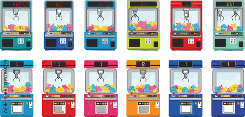 Colorful arcade claw machines with plush toys collection, amusement game vending machines set, cartoon vector illustration of prize grabber arcade entertainment concept
