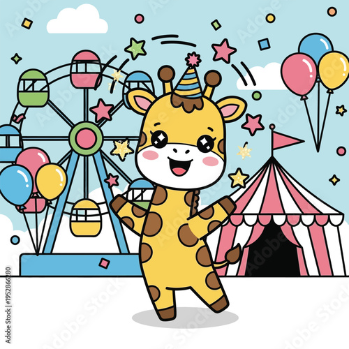 Cute cartoon giraffe wearing a party hat at a carnival.