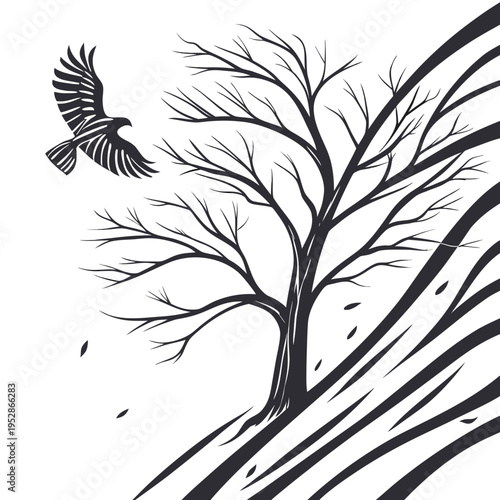 Monochromatic landscape featuring a bare tree and flying eagle against a backdrop of sweeping abstract lines and falling leaves