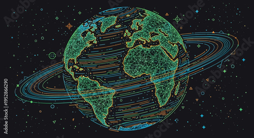 Green Earth Planet with Rings.