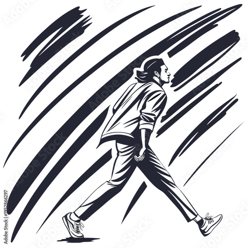 Dynamic motion graphic of man walking energetically with abstract diagonal lines creating sense of speed and action