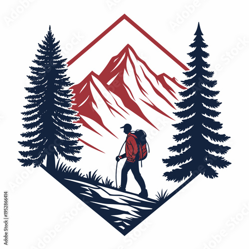 Professional hiker with backpack walking in red mountain range within diamond frame design pine trees and wild nature silhouette vector art for ads