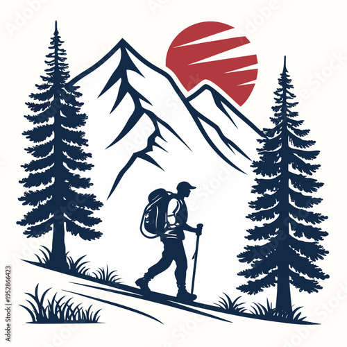 Outdoor adventure seeker hiking with gear on mountain slope featuring red sun and forest landscape silhouette vector illustration for travel gear