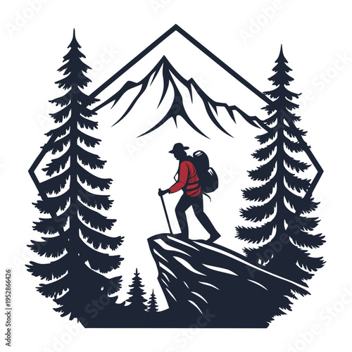 Male adventurer silhouette standing on cliff edge in pine forest with mountain peaks and diamond border background vector illustration for camping