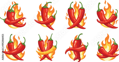 Hot chili pepper vector set with fire flames, spicy red peppers, burning food elements and heat concept illustration