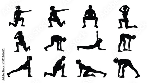 Black silhouettes of people doing various yoga poses and stretches on white background for fitness and wellness concepts