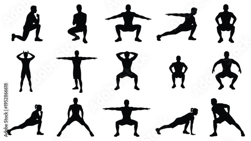 Collection of black silhouette yoga poses on white background for fitness and wellness concepts