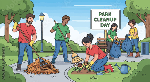 Community Park Cleanup Day Volunteers Working Together.