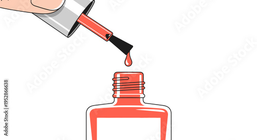 Hand applying coral nail polish from bottle with dripping brush, beauty concept