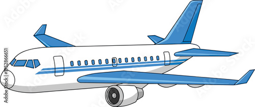 Commercial Passenger Airplane Vector Illustration Featuring Blue And White Color Scheme Isolated On Plain Background For Aviation Travel And Tourism Graphic Design Projects