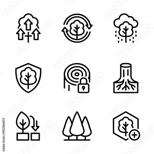 Collection of Tree and Nature Related Icons Representing Growth and Protection.