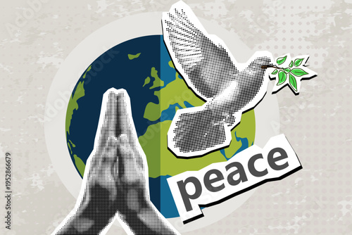 Man Hands Pressed Together in Prayer Position and Flying Dove. Pray for peace. Action for Prayer, Gratitude and Thankful Isolated on half tone Background