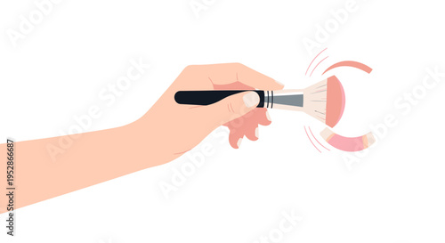 Hand applying blush with makeup brush, isolated on white background