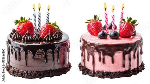 Two decorated cakes with candles and berries on transparent background