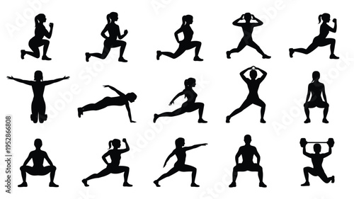 Collection of black silhouette icons depicting various fitness and exercise poses on white background