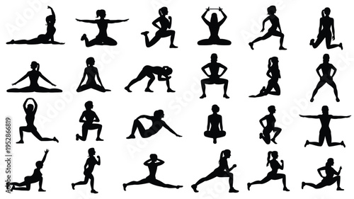 Collection of black silhouette yoga poses on white background for fitness and wellness concepts