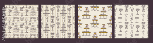 Whimsical hand drawn drinks, cocktails seamless pattern in trendy whimsical style. Perfect  background for quirky italian wedding holiday, poster cards, dinner and bar menu, fabric, wrapping paper.