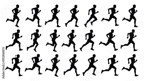 Multiple silhouettes of people running in different poses on white background for fitness and sports concepts