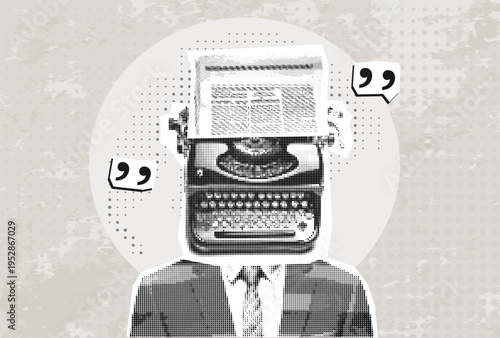 Trendy Halftone Collage of a man with a typewriter instead head.