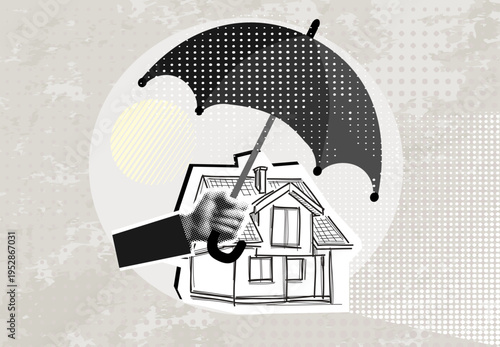 Trendy Halftone Collage Black and white hand holding an umbrella above a little house, symbol of residential security from mortgage payment or damage. Modern collage style. Vector illustration