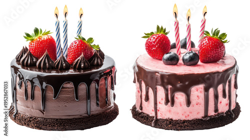 Two decorated cakes with candles and berries on transparent background