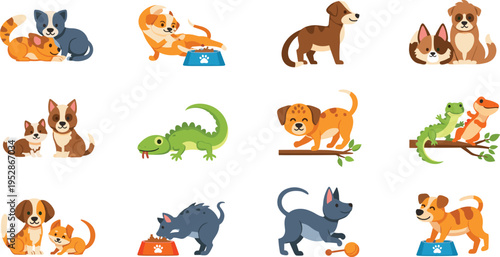 Pet animals vector set with dogs, cats and reptiles, cute domestic pets playing, eating and resting cartoon illustration collection