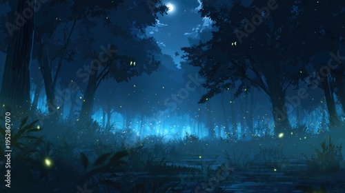 Enchanted Forest at Night with Fireflies