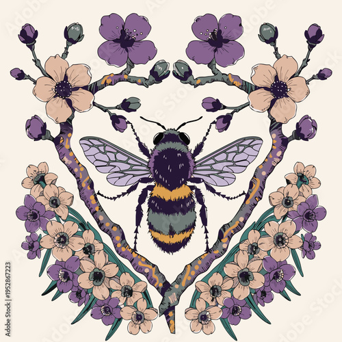 Illustrated bee surrounded by blooming flowers and branches in vibrant colors and intricate details