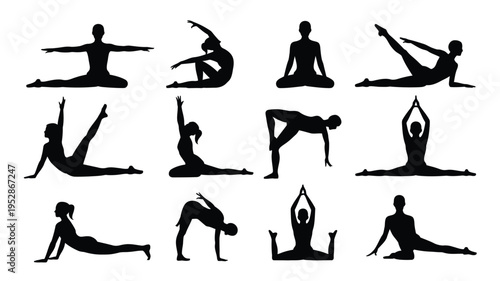 Black silhouettes of people practicing various yoga poses on white background for fitness and wellness concepts