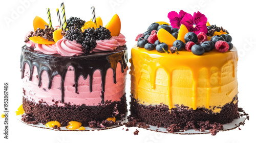 Two decorated cakes with colorful toppings on transparent background
