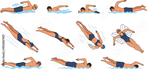 Swimming styles vector set with freestyle, butterfly, breaststroke and backstroke techniques, sport training illustration collection