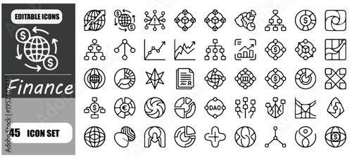 Global Finance and Digital Economy Icon Set Featuring Abstract Stock Market Trends Corporate Data Analytics Decentralized Finance Blockchain Technology Wealth Management and Modern Banking Infrastruct