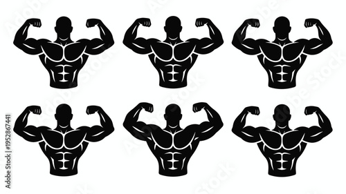 Six muscular men flexing biceps and triceps in black silhouette on white background for fitness and workout concepts