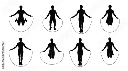 Eight silhouette illustrations of people jumping rope in various poses on white background