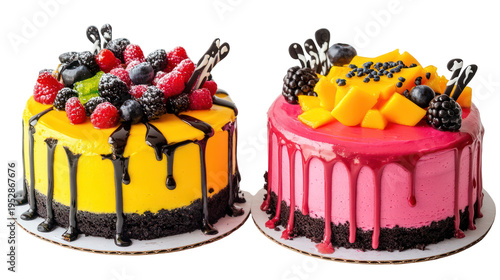 Two decorated cakes with colorful frosting and fruit toppings on transparent background
