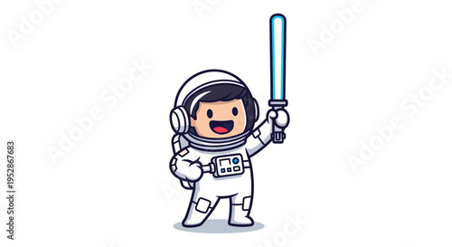 Smiling astronaut in white spacesuit holding blue lightsaber.