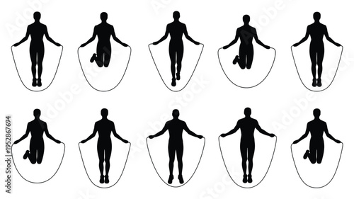Silhouette of a person jumping rope in various poses black icons on white background for fitness and exercise concepts