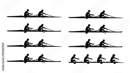 Rowing motion sequence single scull boat with one rower in various positions black silhouette on white background sports and fitness concept