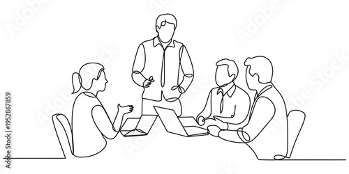 Continuous One Line Drawing of Business Team Meeting