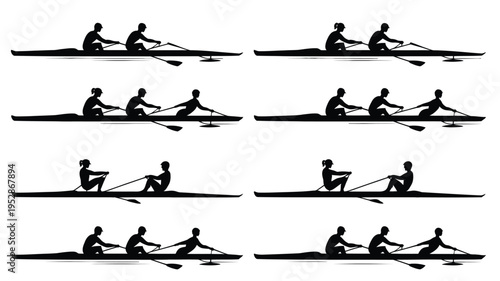 Rowing motion sequence eight black silhouettes of people rowing in a boat on water various positions dynamic movement